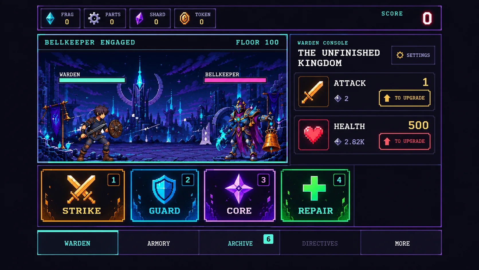 Development concept showing the Warden facing the Bellkeeper with large color-coded combat skills.